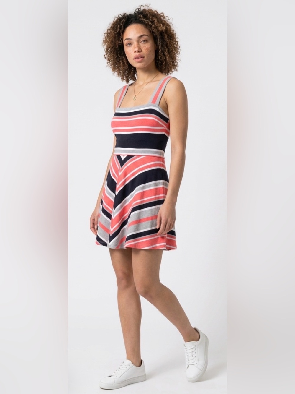 Striped Tank Fit-and-Flare Dress in Coral and Navy